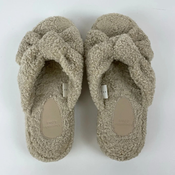 Abercrombie & Fitch Slippers Women Size 10 Beige Fuzzy Slip On Open Toe Platform - Picture 5 of 10